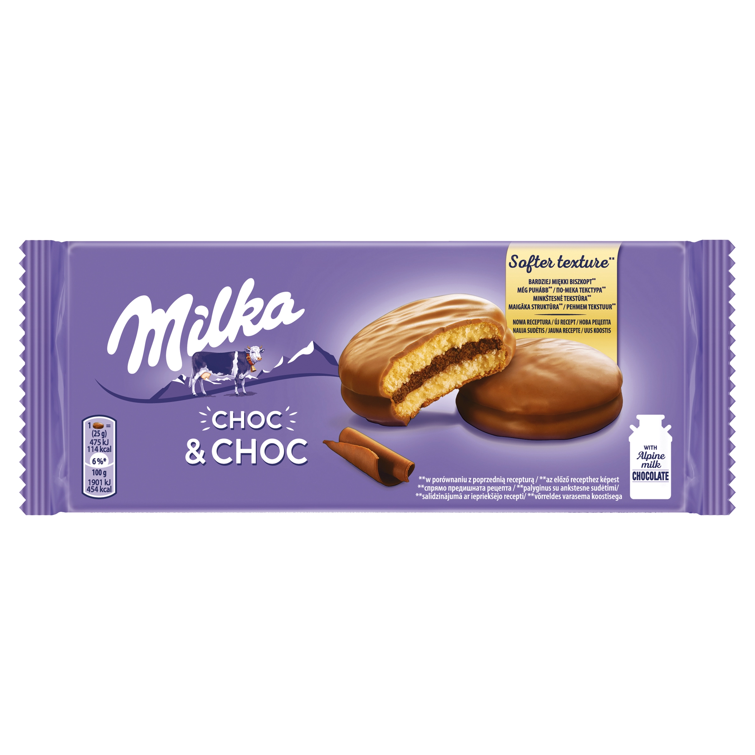 MILKA CHOC & CHOC Ciastka biszkoptowe przekładane nadzieniem kakaowym oblane czekolada mleczną 150 g