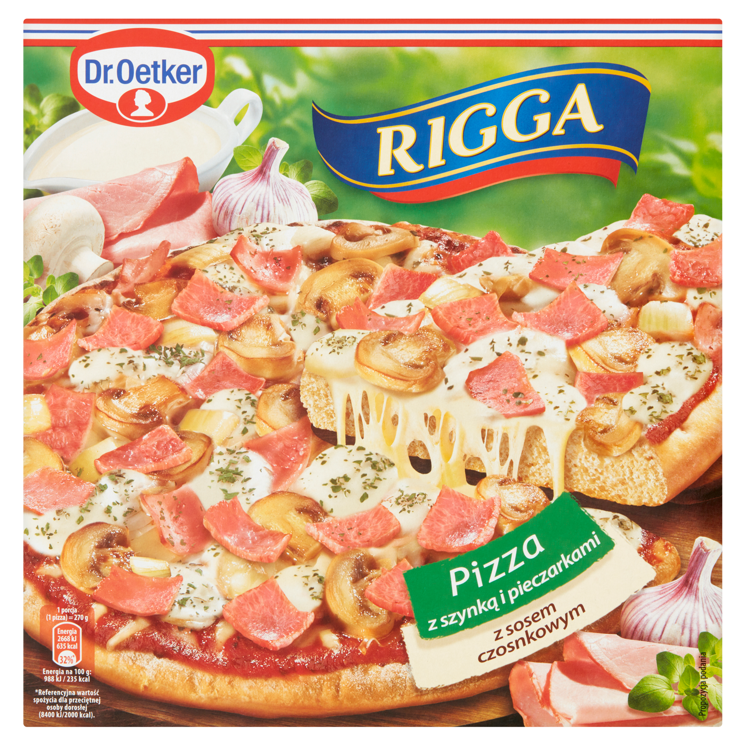 RIGGA Pizza z szynką i pieczarkami i sosem czosnkowym 270 g