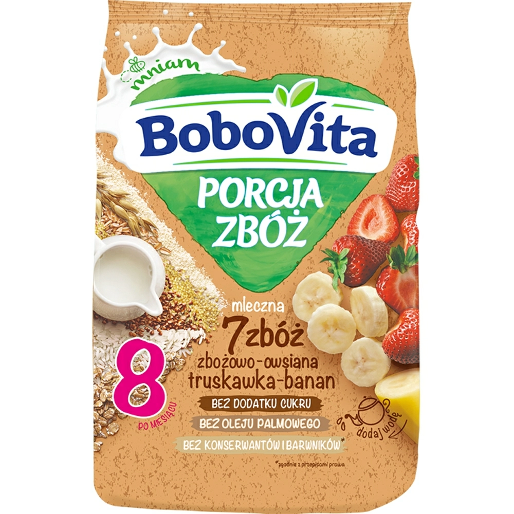 BOBOVITA Porcja zbóż Kaszka mleczna 7 zbóż zbożowo-owsiana truskawka-banan po 8 miesiącu 210 g