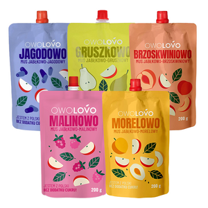 Zestaw OWOLOVO Mus jabłkowy 200g + OWOLOVO Mus jabłkowo-wiśniowy 200g + OWOLOVO Mus jabłkowo-truskawkowy 200g + OWOLOVO Mus jabłkowo-rabarbarowy 200g + OWOLOVO Mus jabłkowo-porzeczkowy 200g