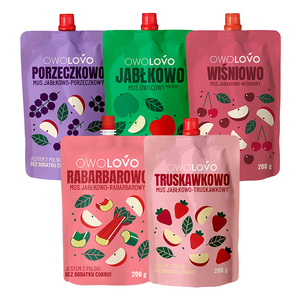 MULTIPAK OWOLOVO Mus jabłkowy 200g + OWOLOVO Mus jabłkowo-wiśniowy 200g + OWOLOVO Mus jabłkowo-truskawkowy 200g + OWOLOVO Mus jabłkowo-rabarbarowy 200g + OWOLOVO Mus jabłkowo-porzeczkowy 200g