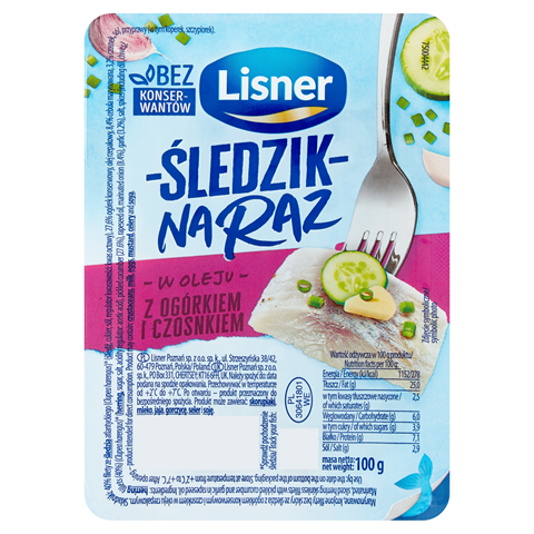 LISNER Śledzik na raz z ogórkiem i czosnkiem 100 g