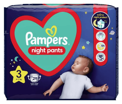 PAMPERS NIGHT PANTS Pieluchomajtki rozmiar 3, 6-11 kg 29 szt.