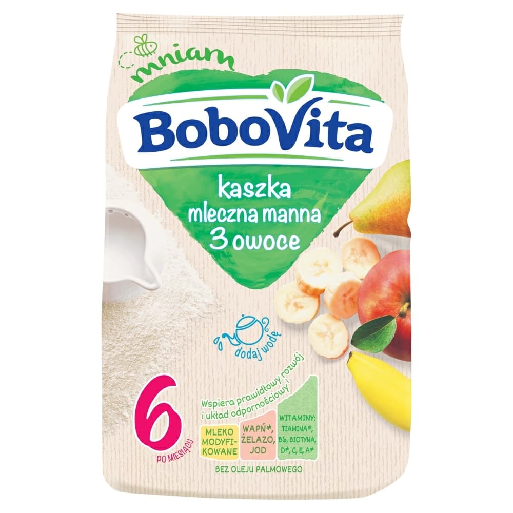 BOBOVITA Kaszka mleczna manna 3 owoce po 6 miesiącu 230 g