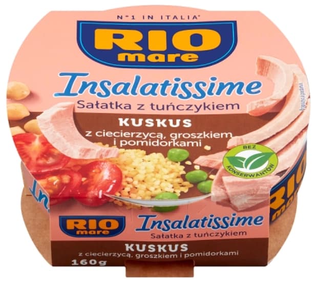 RIO MARE INSALATISSIME Sałatka z tuńczykiem kuskus z ciecierzycą groszkiem i pomidorkami 160 g