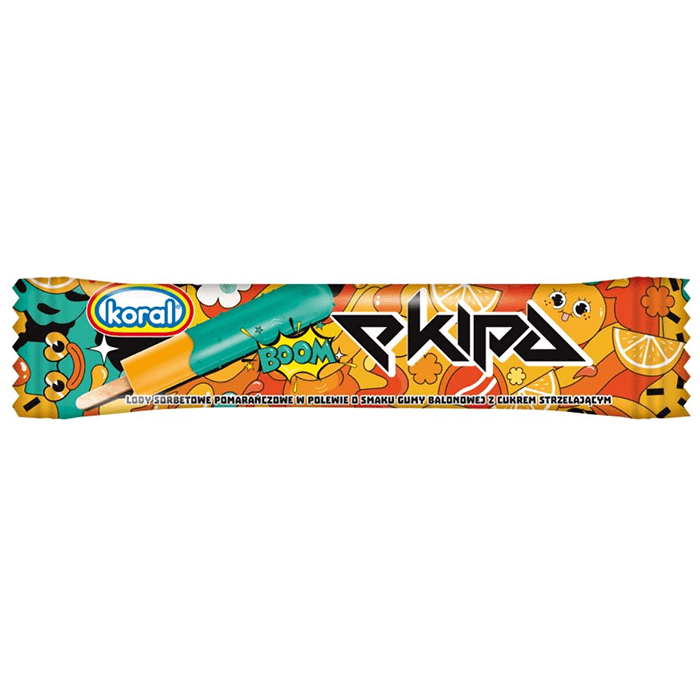 KORAL EKIPA XL Lody sorbetowe pomarańczowe w polewie o smaku gumy balonowej z cukrem strzelającym 65 ml