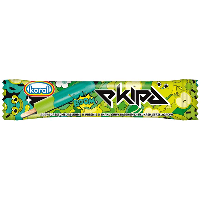 KORAL EKIPA XL Lody sorbetowe jabłkowe w polewie o smaku gumy balonowej z cukrem strzelającym 65 ml