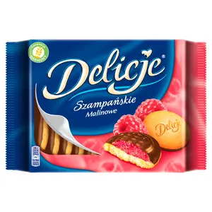 DELICJE SZAMPAŃSKIE Biszkopty z galaretką malinową oblewane czekoladą 294 g DELICJE SZAMPAŃSKIE Biszkopty z galaretką malinową oblewane czekoladą 294 g