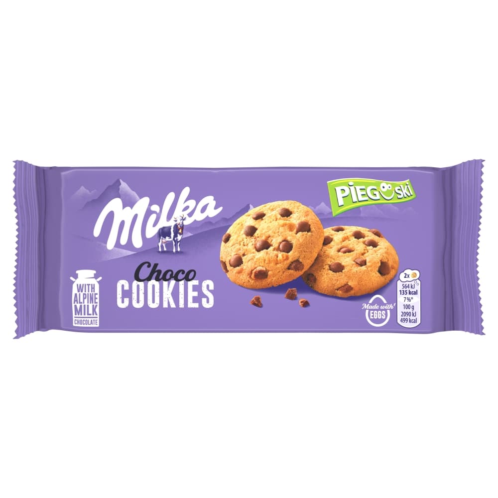 MILKA PIEGUSKI Ciasteczka z kawałkami czekolady mlecznej z mleka alpejskiego
