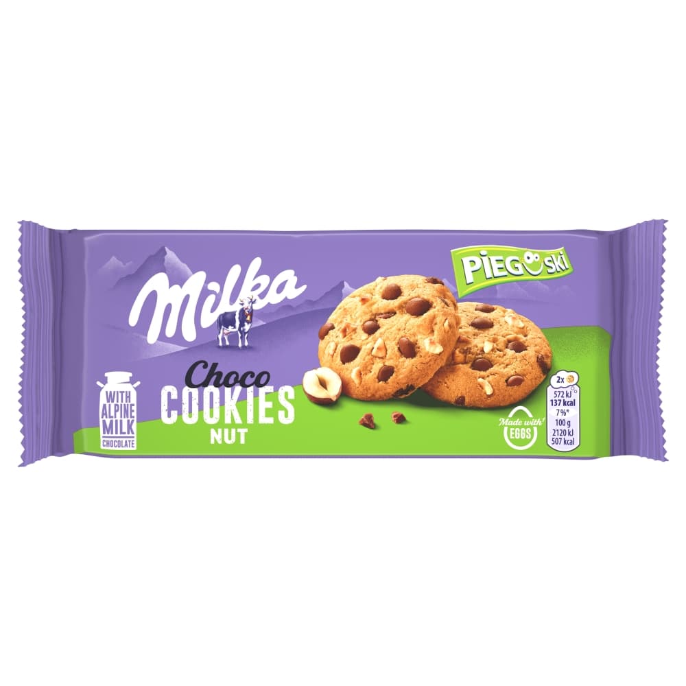 MILKA PIEGUSKI Ciasteczka z kawałkami czekolady mlecznej i orzechami 135 g