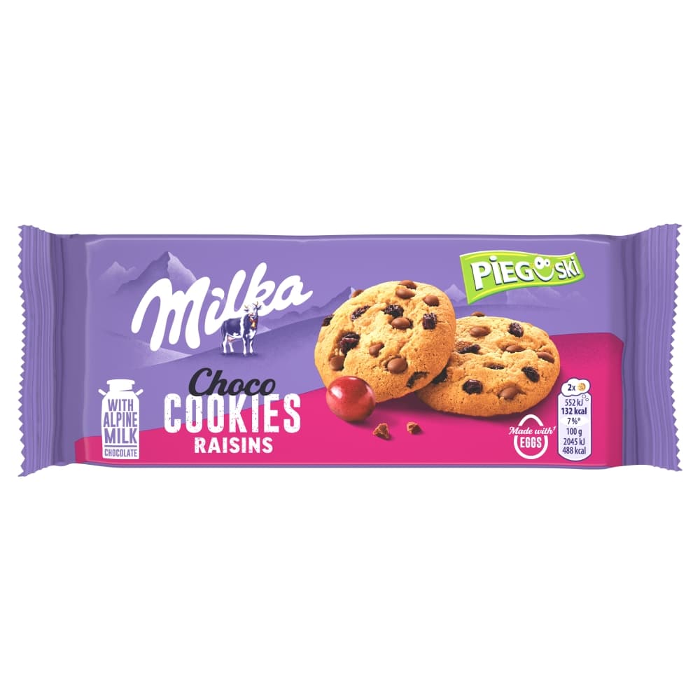 MILKA PIEGUSKI Ciasteczka z kawałkami czekolady mlecznej i rodzynkami 135 g