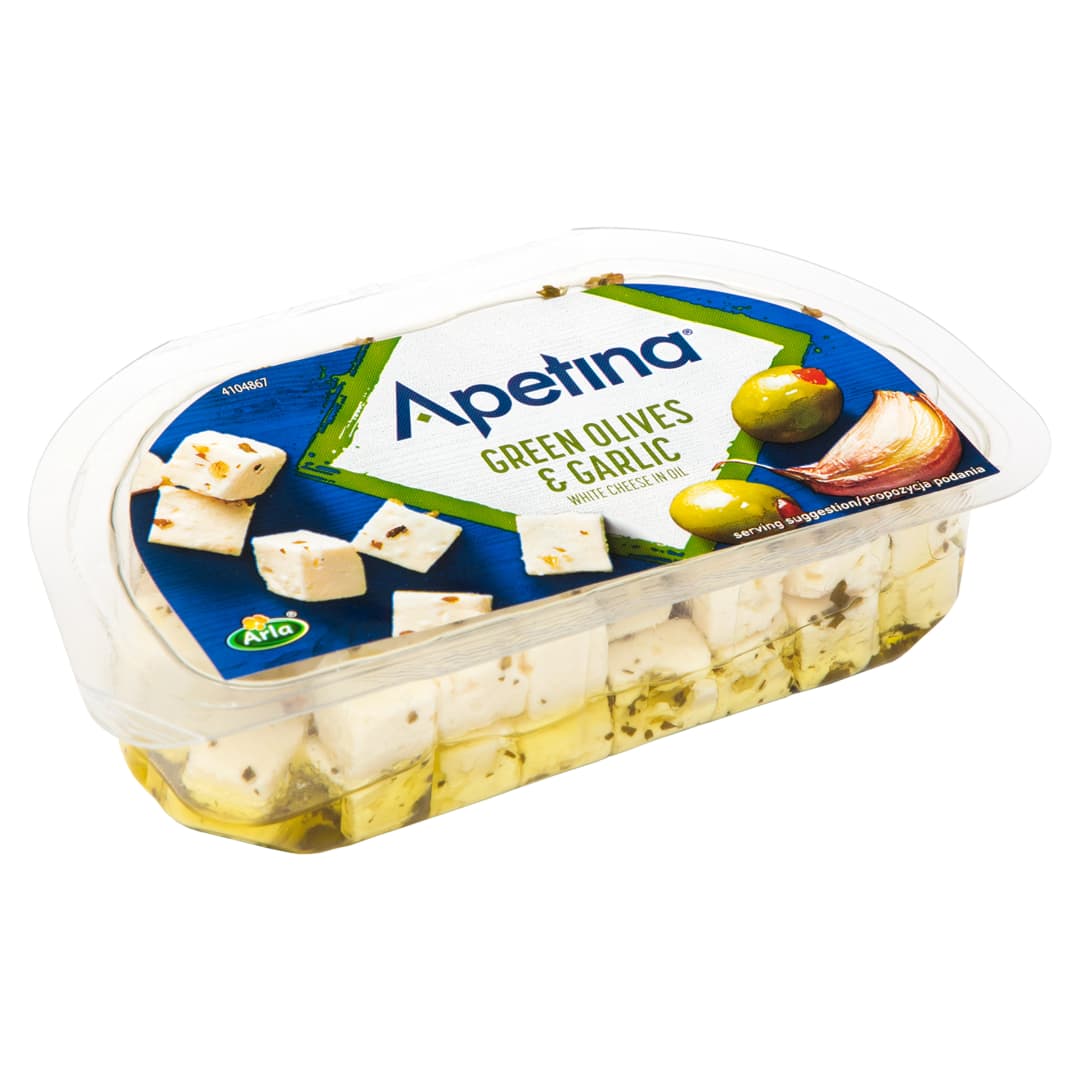 APETINA Ser typu śródziemnomorskiego w zalewie olejowej z zielonymi oliwkami i czosnkiem 100 g