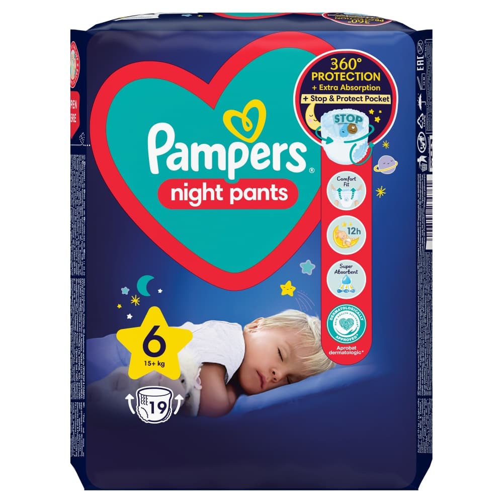PAMPERS NIGHT PANTS Pieluchomajtki rozmiar 6, 15+ kg 19 szt.