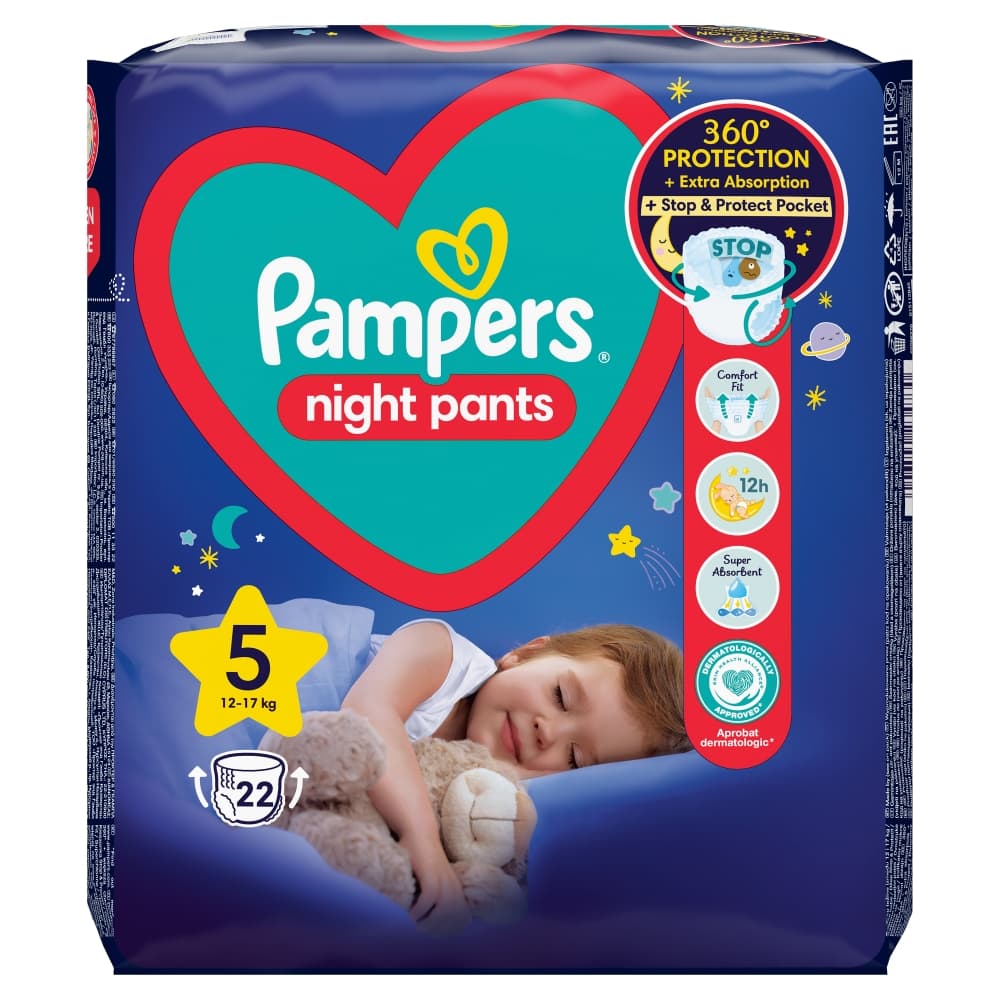 PAMPERS NIGHT PANTS Pieluchomajtki rozmiar 5, 12-17 kg 22 szt.