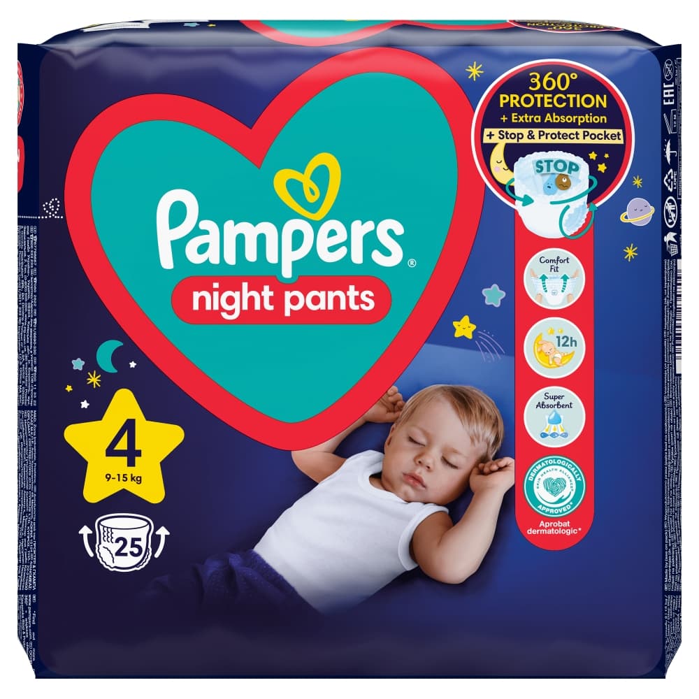 PAMPERS NIGHT PANTS Pieluchomajtki rozmiar 4, 9-15 kg 25 szt.