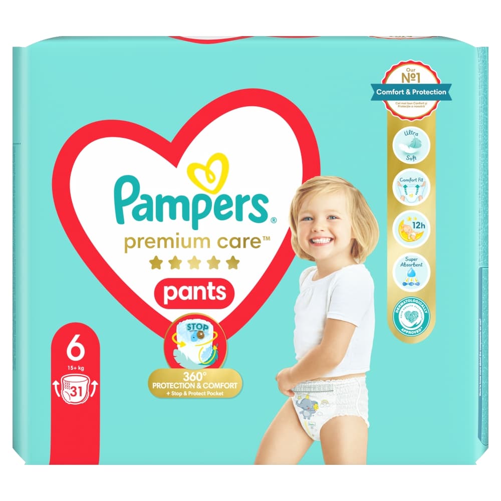PAMPERS PREMIUM CARE Pieluchomajtki rozmiar 6, 15+ kg 31 szt.