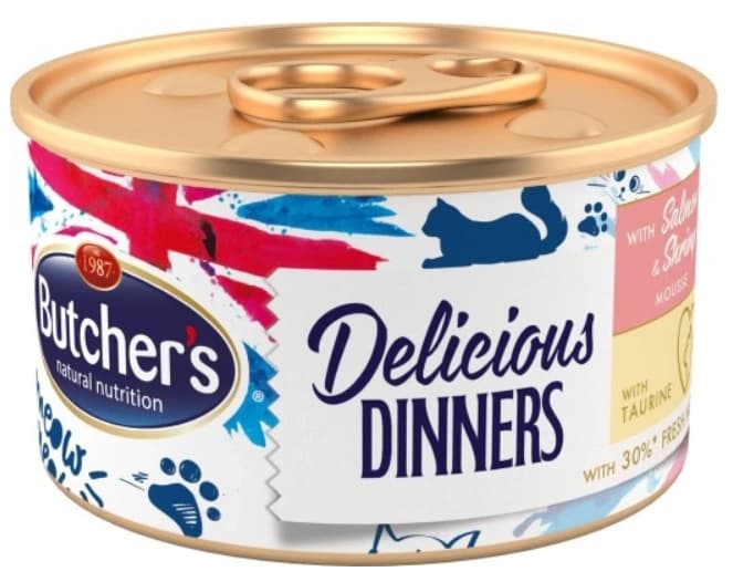 BUTCHER'S DELICIOUS DINNERS Karma mokra dla kotów z łososiem i krewetkami 85 g