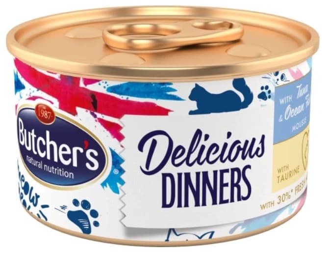 BUTCHER'S DELICIOUS DINNERS Karma mokra dla kotów z tuńczykiem i rybą morską 85 g