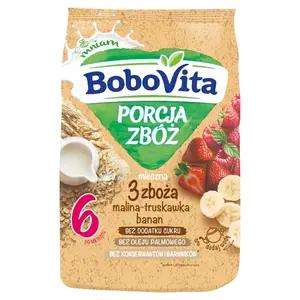 BOBOVITA Porcja Zbóż kaszka mleczna 3 zboża malina-truskawka-banan po 6 miesiącu 210 g BOBOVITA Porcja Zbóż kaszka mleczna 3 zboża malina-truskawka-banan po 6 miesiącu 210 g