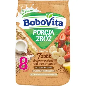BOBOVITA Porcja zbóż Kaszka mleczna 7 zbóż zbożowo-owsiana truskawka-banan po 8 miesiącu 210 g BOBOVITA Porcja zbóż Kaszka mleczna 7 zbóż zbożowo-owsiana truskawka-banan po 8 miesiącu 210 g