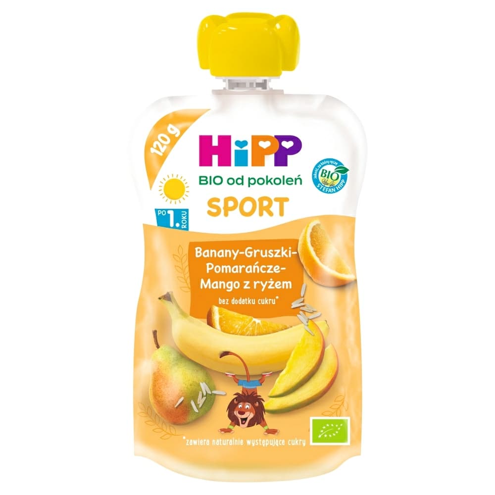 HIPP SPORT Mus bez cukru banan gruszka pomarańcze i mango z ryżem BIO 120 g