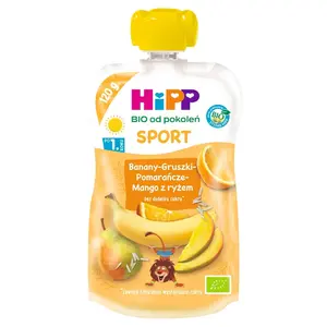 HIPP SPORT Mus bez cukru banan gruszka pomarańcze i mango z ryżem BIO 120 g HIPP SPORT Mus bez cukru banan gruszka pomarańcze i mango z ryżem BIO 120 g
