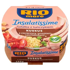 RIO MARE INSALATISSIME Sałatka z tuńczykiem kuskus z ciecierzycą groszkiem i pomidorkami 160 g RIO MARE INSALATISSIME Sałatka z tuńczykiem kuskus z ciecierzycą groszkiem i pomidorkami 160 g