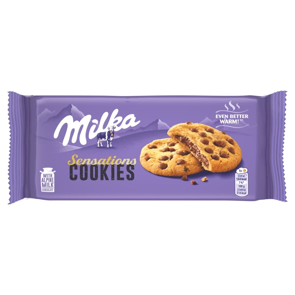 MILKA SENSATIONS Ciastka z kawałkami mlecznej czekolady z mleka alpejskiego 156 g