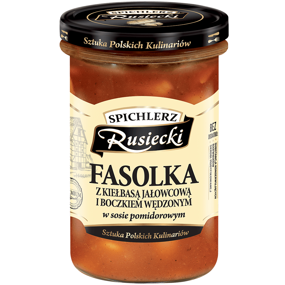 SPICHLERZ RUSIECKI Fasolka z kiełbasą jałowcową i boczkiem wędzonym w sosie pomidorowym 470 g