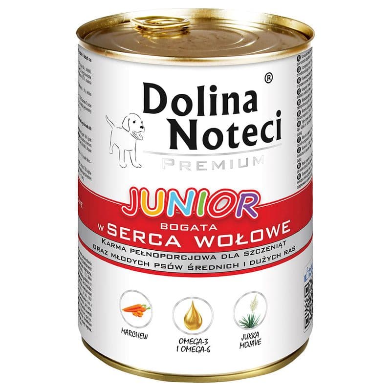 DOLINA NOTECI JUNIOR Mokra karma dla psa bogata w serca wołowe 400g
