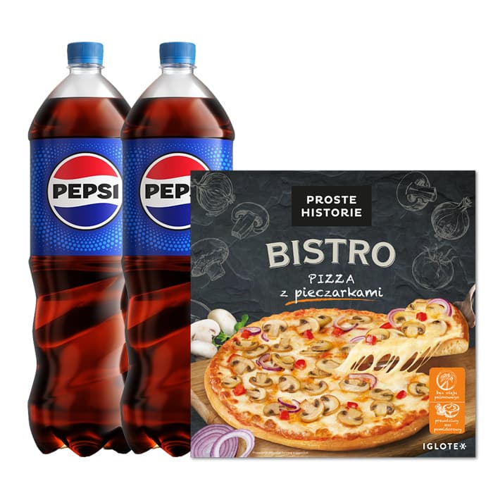Pepsi 1,5l x2 + Pizza Proste Historie z pieczarkami 415g