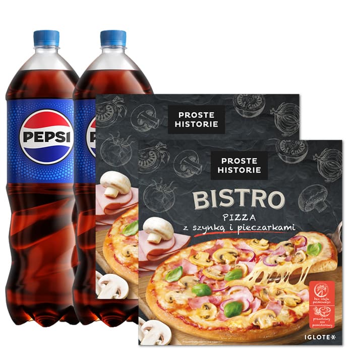 Pepsi 1,5l x2 + Pizza Proste Historie z szynką i pieczarkami 420g x2