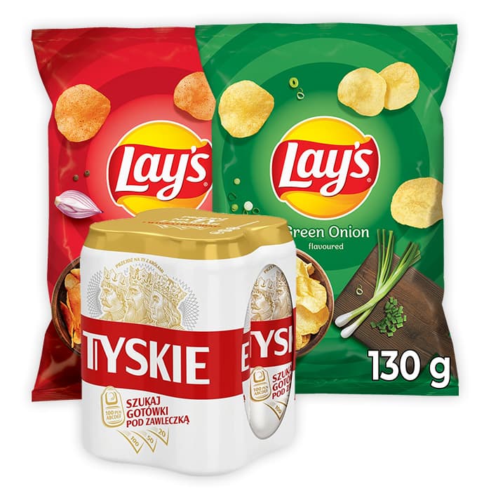 TYSKIE Piwo jasne pełne x4+ Lay's papryka 130g + Lay's zielona cebulka 130g