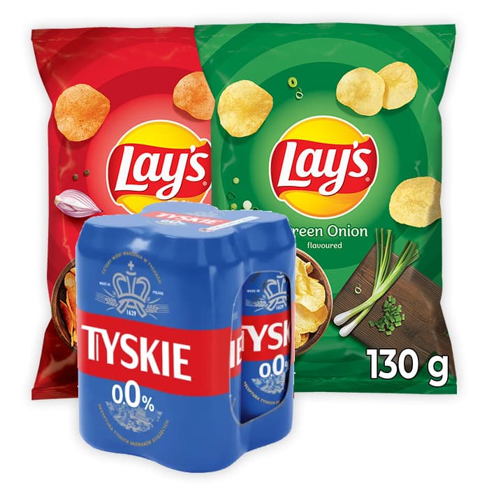 Zestaw TYSKIE Piwo bezalkoholowe x4 + Lay's papryka 130g + Lay's zielona cebulka 130g