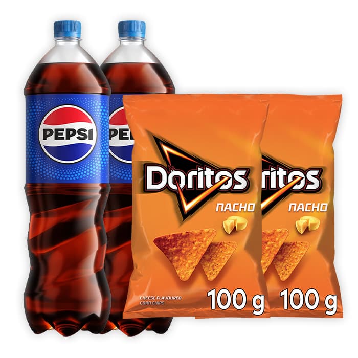 Zestaw PEPSI COLA Napój gazowany 1,5l x2 + DORITOS Chipsy nachos o smaku serowym 100g x2
