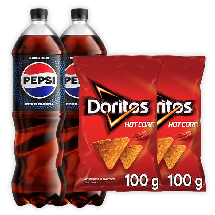 Zestaw PEPSI COLA Napój gazowany bez cukru 1,5l x2 + DORITOS Chipsy nachos o smaku ostrej papryki 100g x2