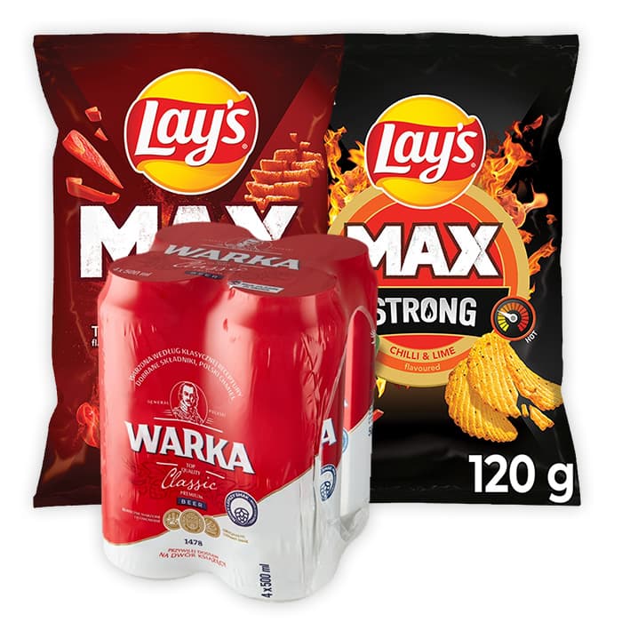 Zestaw WARKA Piwo Classic jasne 4x500ml + LAY'S MAX STRONG o smaku sera i ostrej papryki 120g + LAY'S MAX STRONG o smaku chilli i limonki 120g