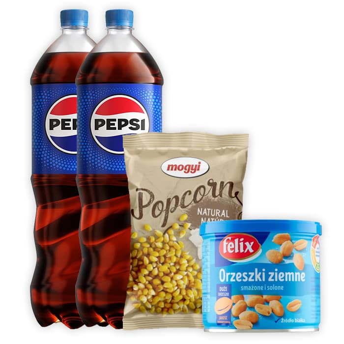 Zestaw PEPSI COLA Napój gazowany 1,5 ml x2 + FELIX Orzeszki ziemne smażone i solone 140g + MOGYI Popcorn do mikrofali solony 80g