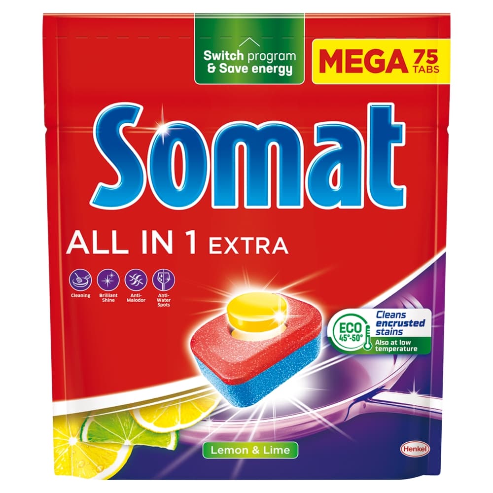 SOMAT ALL IN 1 EXTRA Tabletki do mycia naczyń w zmywarkach Lemon & Lime 75 szt.