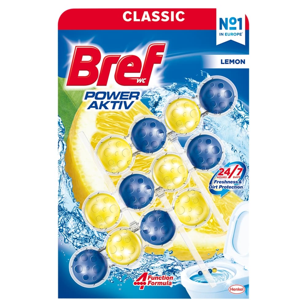 BREF POWER ACTIV Zawieszka myjąco-zapachowa do muszli WC cytryna 3 x 50 g