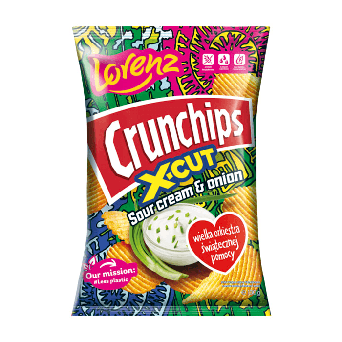CRUNCHIPS X-CUT Chipsy ziemniaczane o smaku kwaśnej śmietany z cebulą WOŚP 130 g