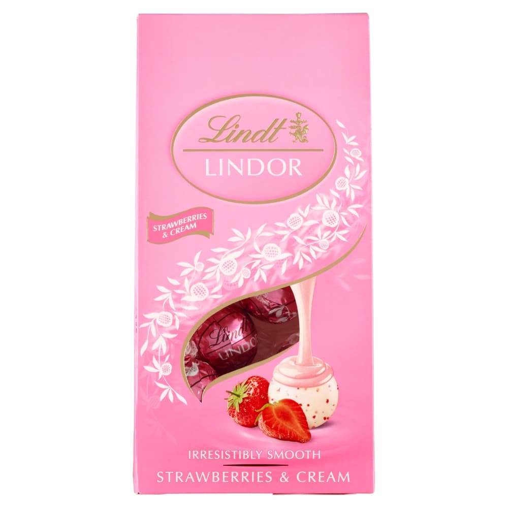 LINDT LINDOR Pralinki z białej czekolady z kawałkami truskawek i śmietankowym nadzieniem 100 g