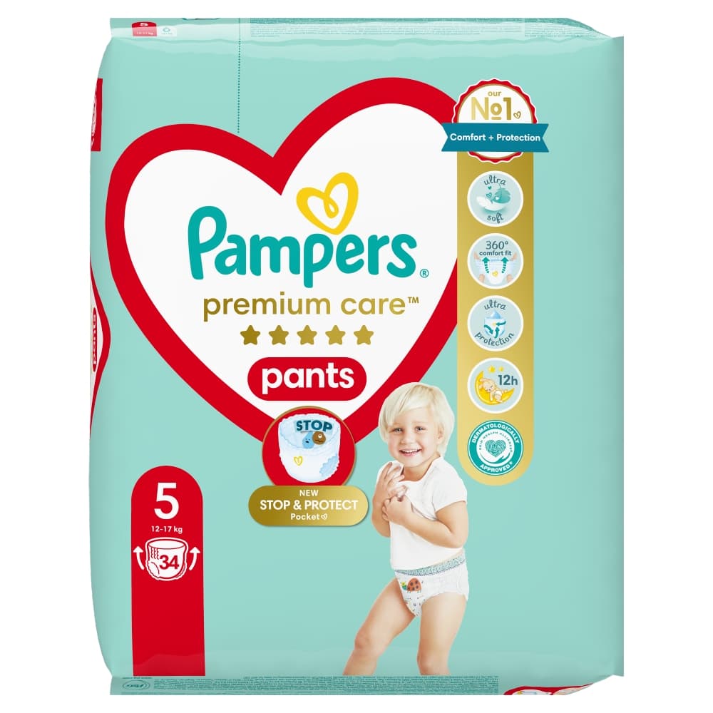 PAMPERS PREMIUM CARE Pieluchomajtki rozmiar 5, 12-17 kg 34 szt.
