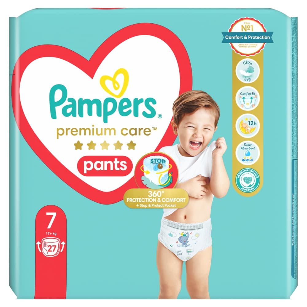 PAMPERS PREMIUM CARE Pieluchomajtki rozmiar 7, 17+ kg 27 szt.