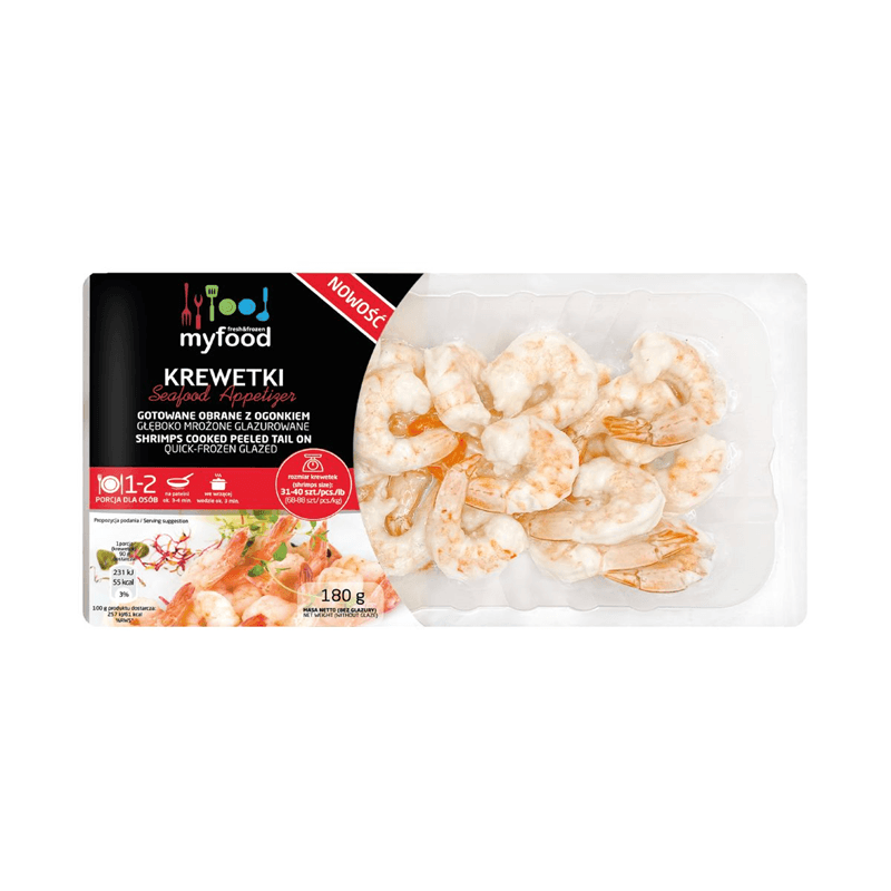 MYFOOD Krewetki gotowane obrane z ogonkiem mrożone 180 g