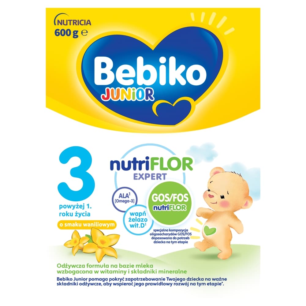 BEBIKO JUNIOR 3 Odżywcza formuła na bazie mleka dla dzieci powyżej 1. roku o smaku waniliowym 600 g