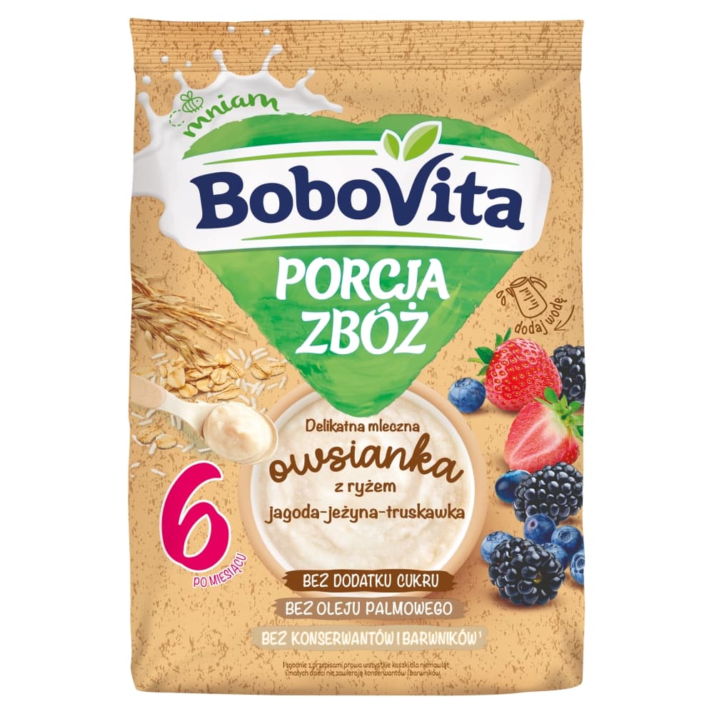 BOBOVITA PORCJA ZBÓŻ Delikatna mleczna owsianka z ryżem jagoda-jeżyna-truskawka po 6 miesiącu 210 g
