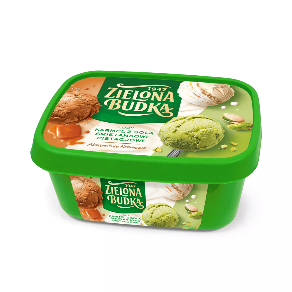 ZIELONA BUDKA Lody karmel z solą śmietankowe pistacjowe w pudełku 1000 ml