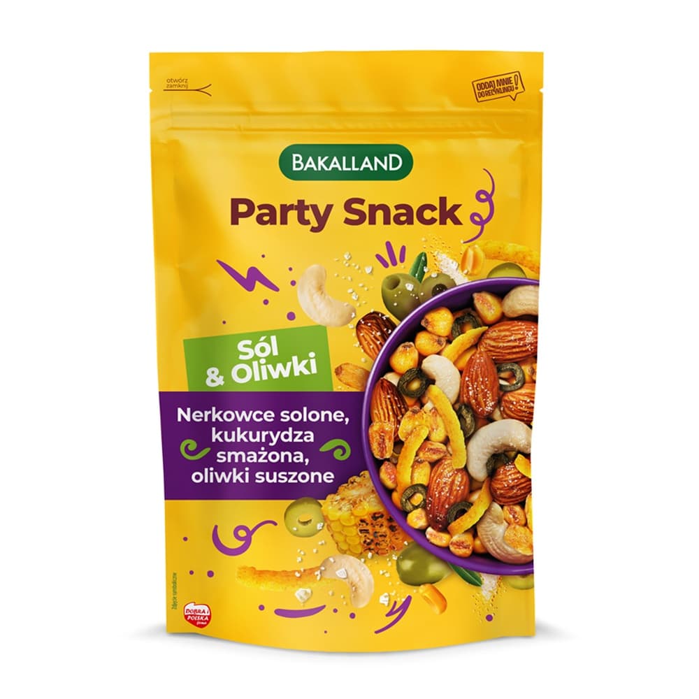 BAKALLAND PARTY SNACK Mix prażonych przekąsek Sól i oliwki 170 g