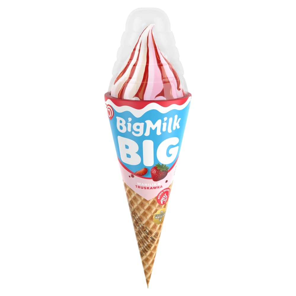 BIG MILK Lody waniliowo-truskawkowe w rożku 140 ml